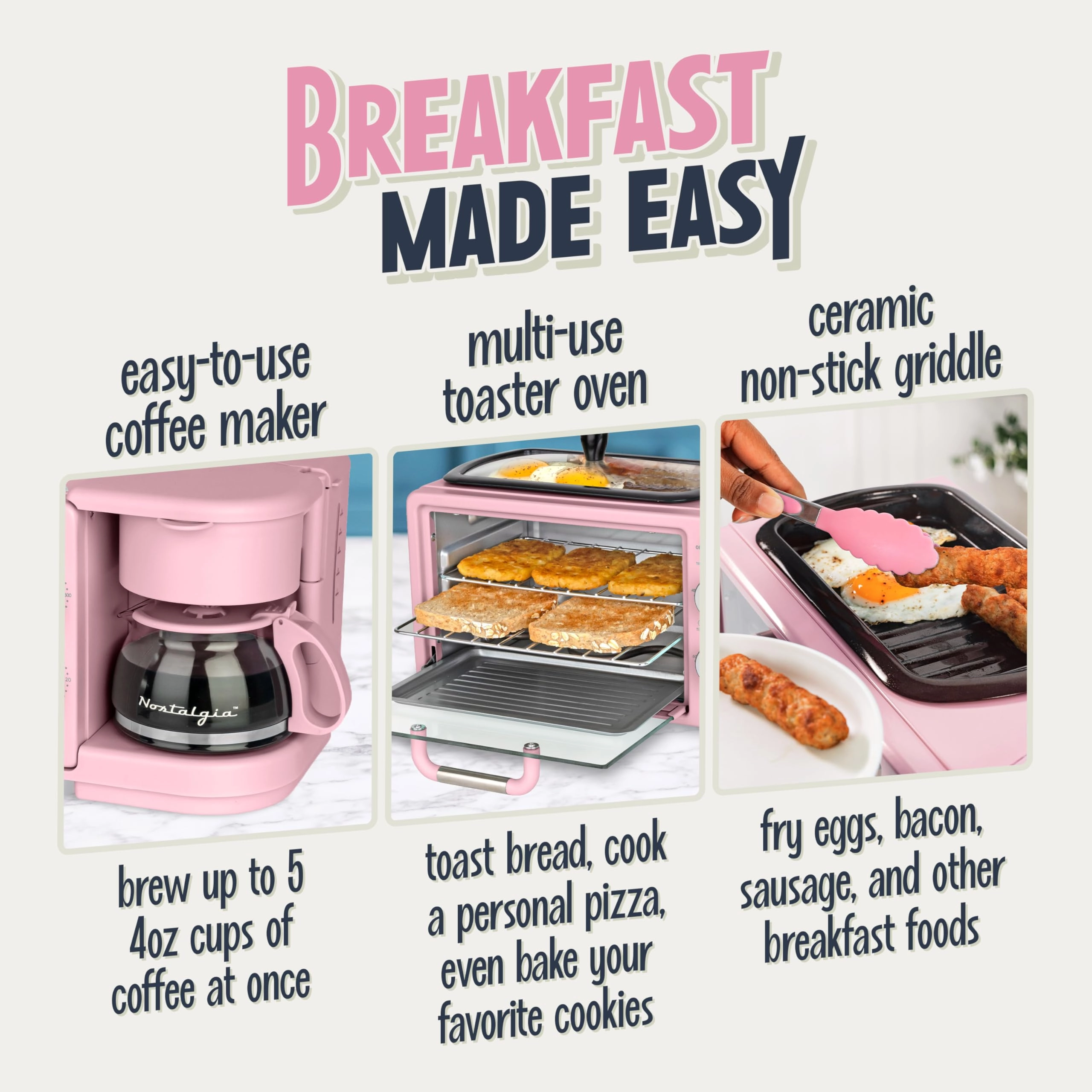 3-in-1 Retro Breakfast Station - 5 Cups Non-Stick Ceramic Griddle 4-Slice Toaster Oven
