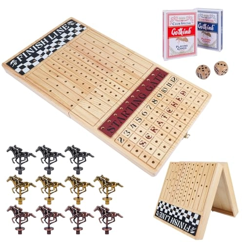 Offelec Horse Race Game - 11 Retro Metal Horses Foldable Wooden Box