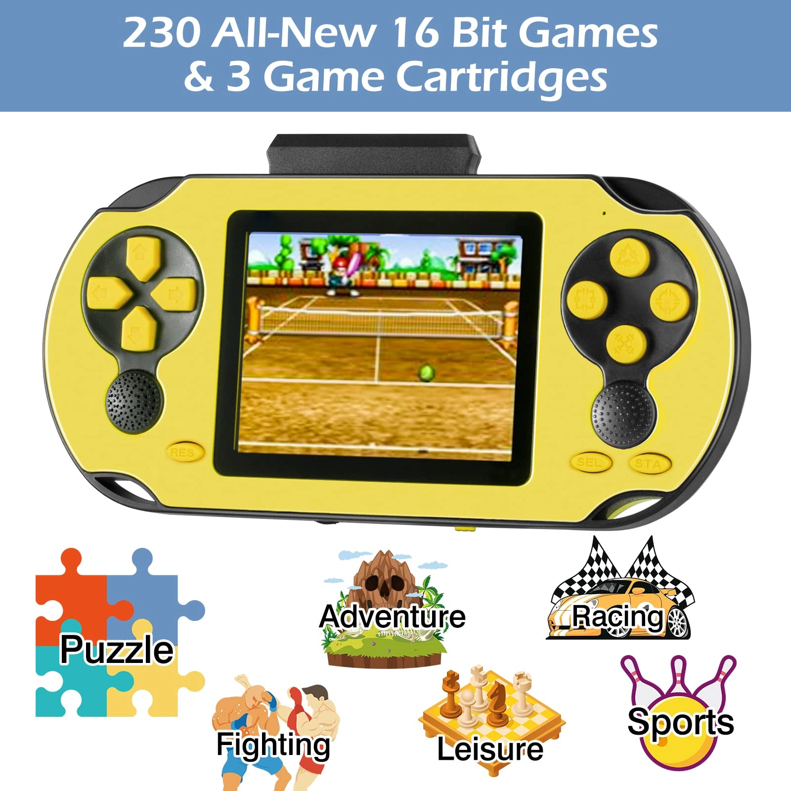 16 Bit Handheld Game - 3.0'' Large Screen 230 Games USB Rechargeable Battery