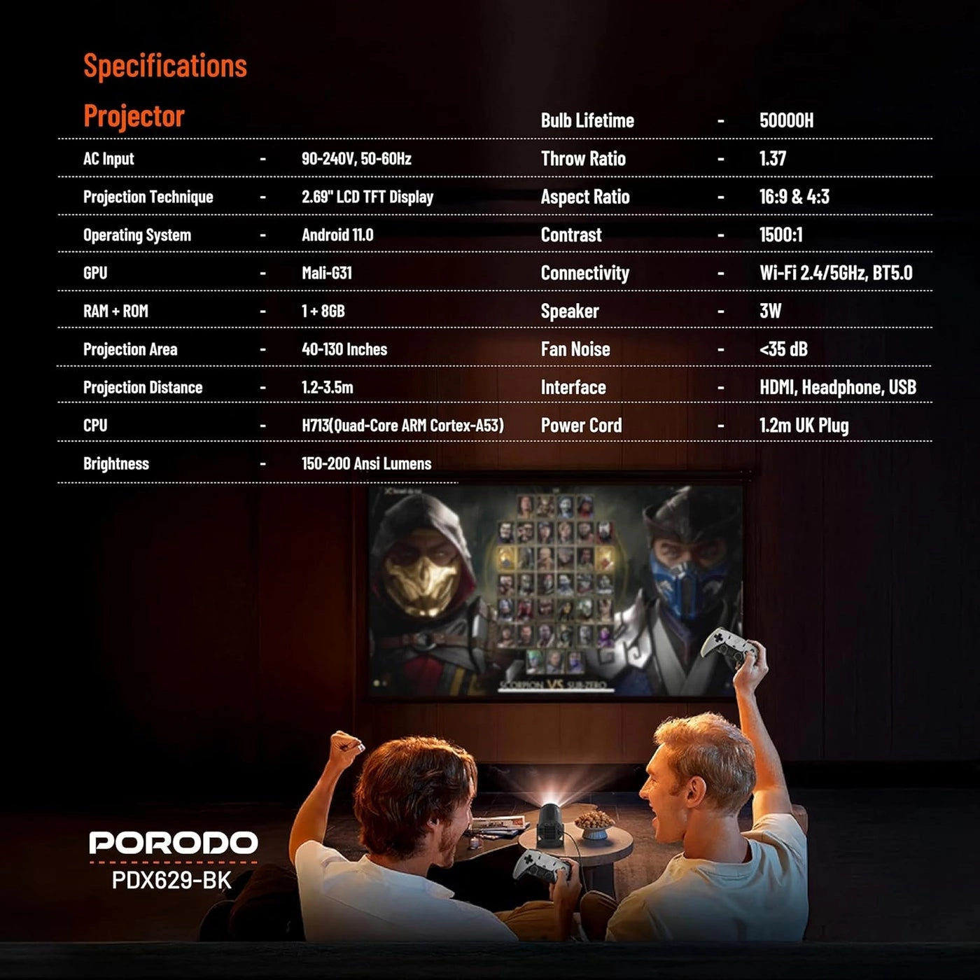 4K Gaming Projector PDX639-BK 150-200 ANSI Lumens