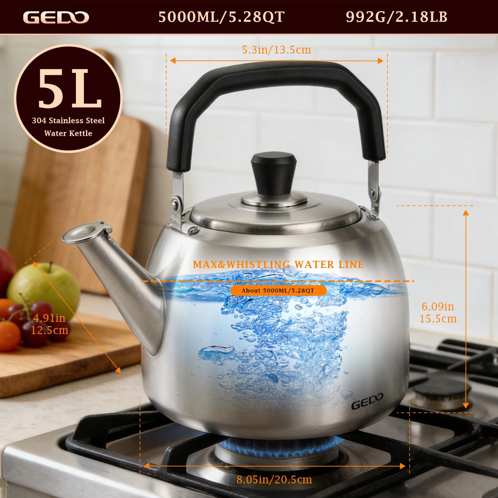 Stainless Steel Whistling Tea Kettle - 5.2 Quarts