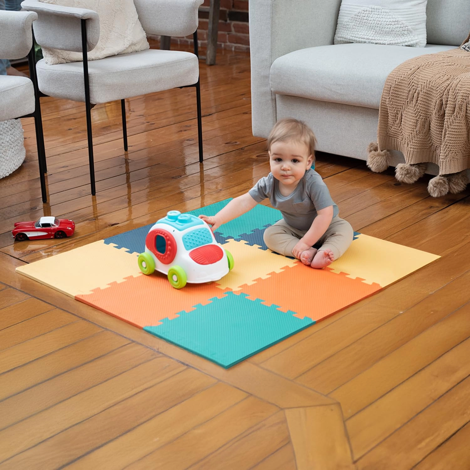 Baby Play Mat - 9 Tiles Cobalt-apricot-pine-gold