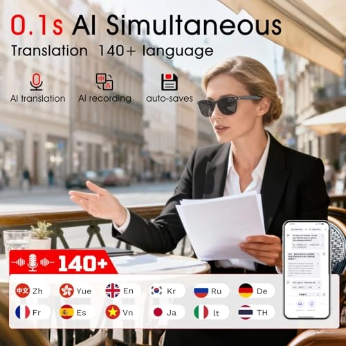 AI Translation Glasses - 140+ Languages Bluetooth Built-in Mic & Speaker