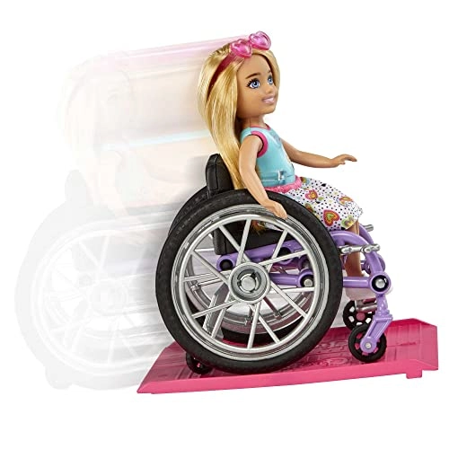 Chelsea Doll - Blonde Skirt Sunglasses + Wheelchair - Rolling Wheels + Ramp + Sticker Sheet Ages 3+