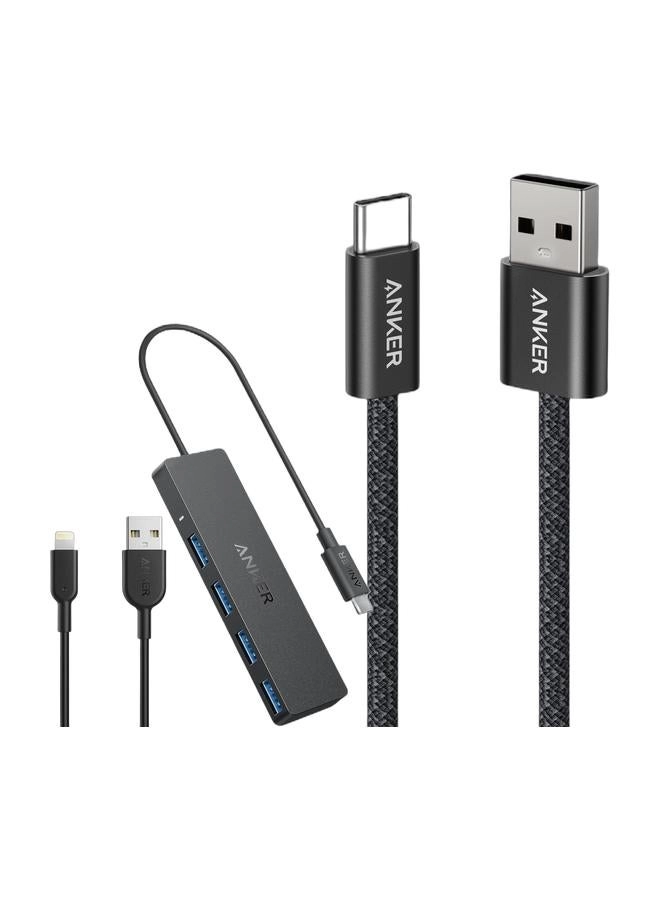Anker 4-Port USB 3.0 Data Hub - 5Gbps + USB to USB C Cable - 3FT Braided Type C + Powerline II Lightning Cable - MFi Certified