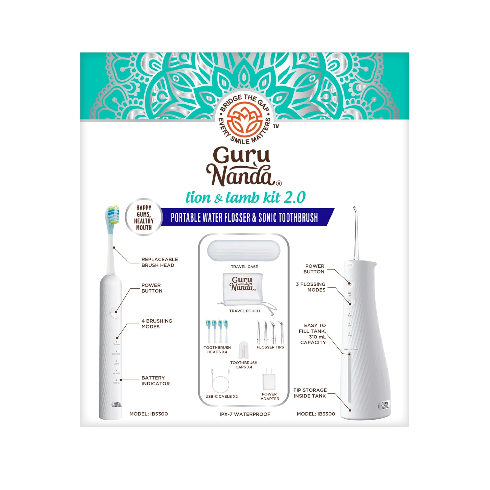 Lion & Lamb Kit 2.0 - 4 Brush Heads Lavender + Water Flosser - 4 Jet Tips IPX7 Waterproof