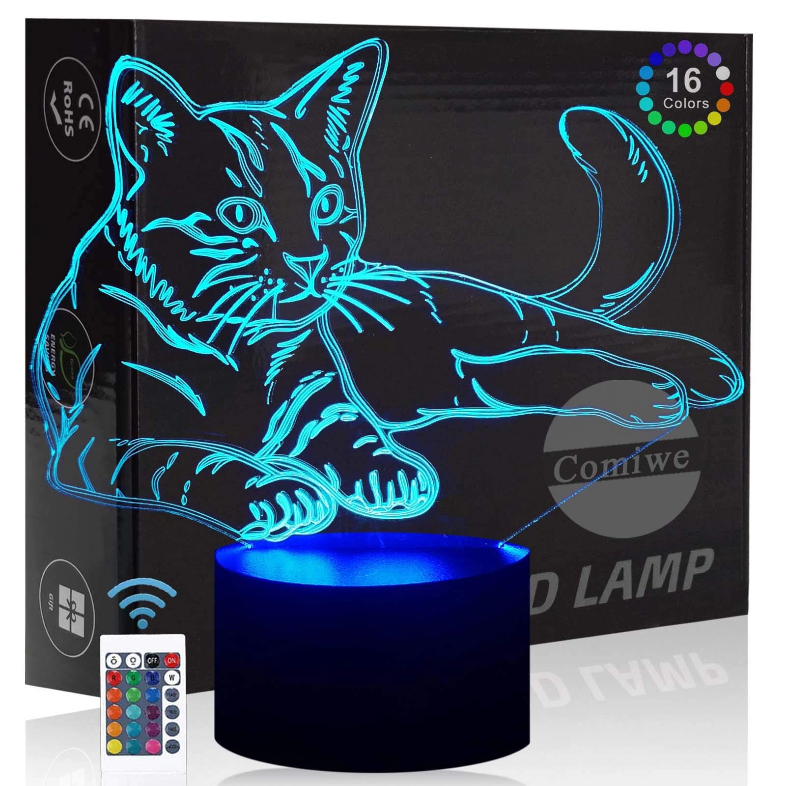 KOLITEE Cat 3D Illusion Night Light - USB or AA batteries Red, Green, Blue, Yellow, Cyan, Purple, White