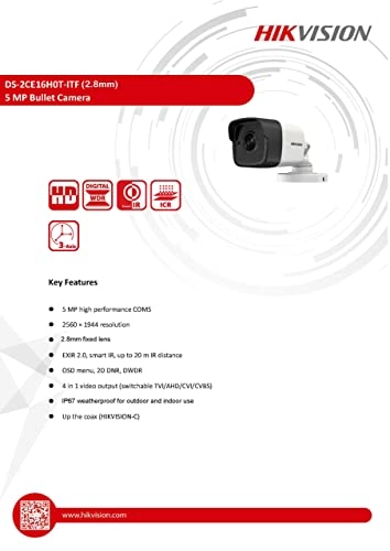 DS-7208HQHI-K1S - 8CH + Hard Disk Drive - 4TB + Mini-Bullet Camera - 5MP 2.8mm