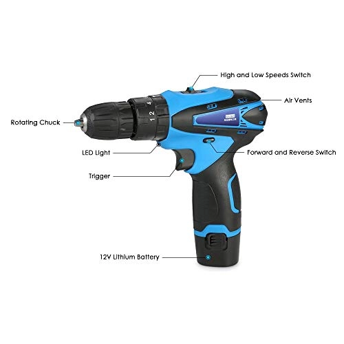 Cordless Drill Driver - Portable Screwdriver Lithium Ion Batteries Variable Speed