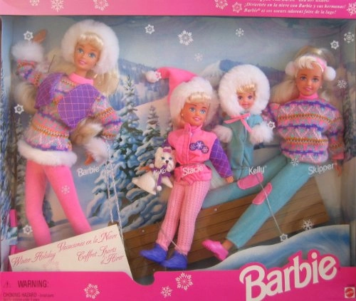 Barbie Doll - 11.5" + Stacie Doll - 7.5" + KOKO Dog - 2" + Kelly Doll - 4.5" + Skipper Doll - 10.5" + Sled - 9.5" + Hair Brush
