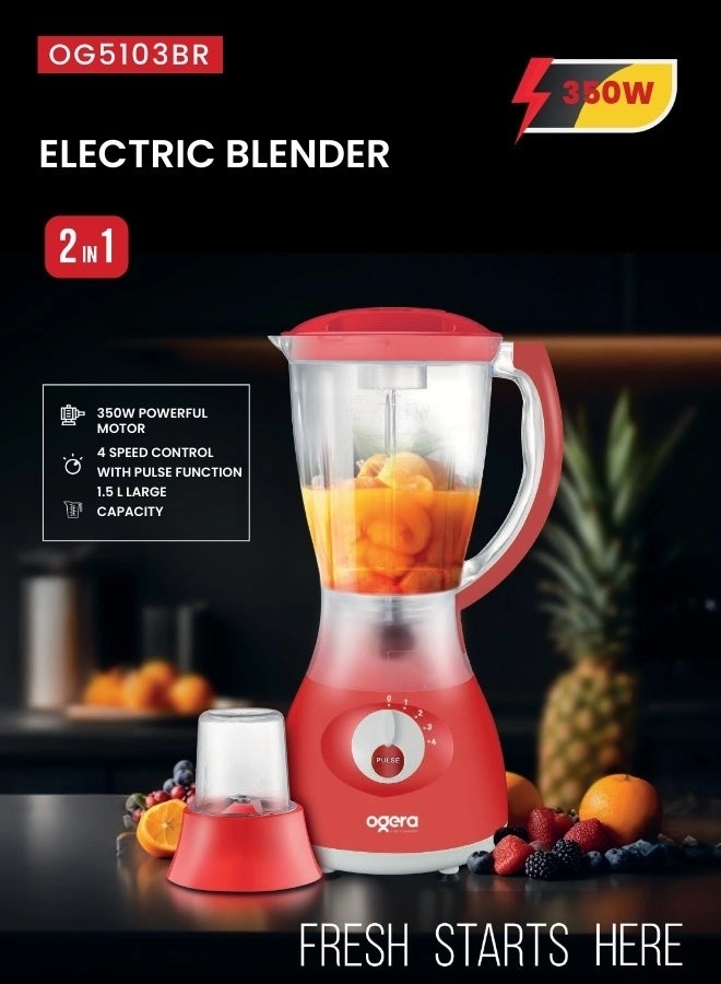 2-in-1 Electric Blender - 4 Speed Control with Pulse Function Grinder Jar Included