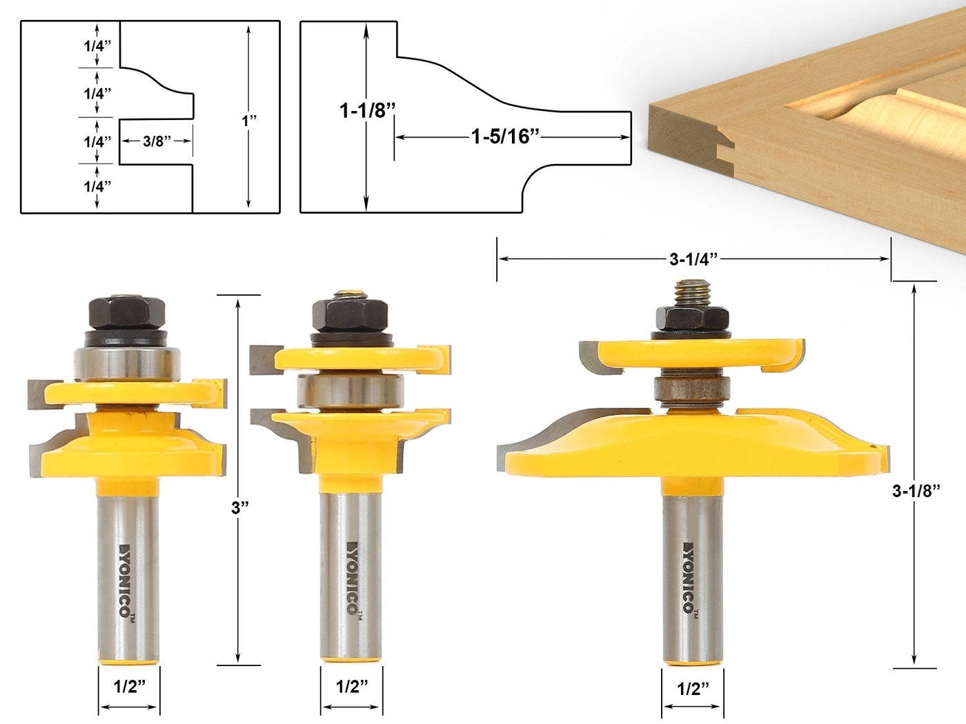 Raised Panel Cabinet Door Rail and Stile Router Bits - 1/2-Inch 3 Bit