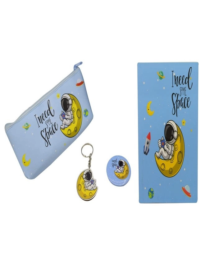 Space Theme Pouch + A5 Ruled Diary + Key Chain + Space Badge - 4 Items