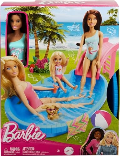 Doll - Brunette Seafoam Blue One-Piece Swimsuit + Pool Playset - Pool Slide Ages 3+
