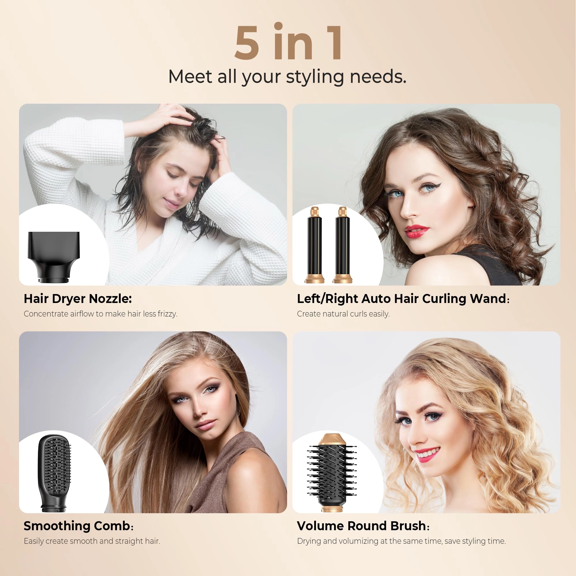 5 in 1 Hair Dryer Brush Set - Gold 700 watts