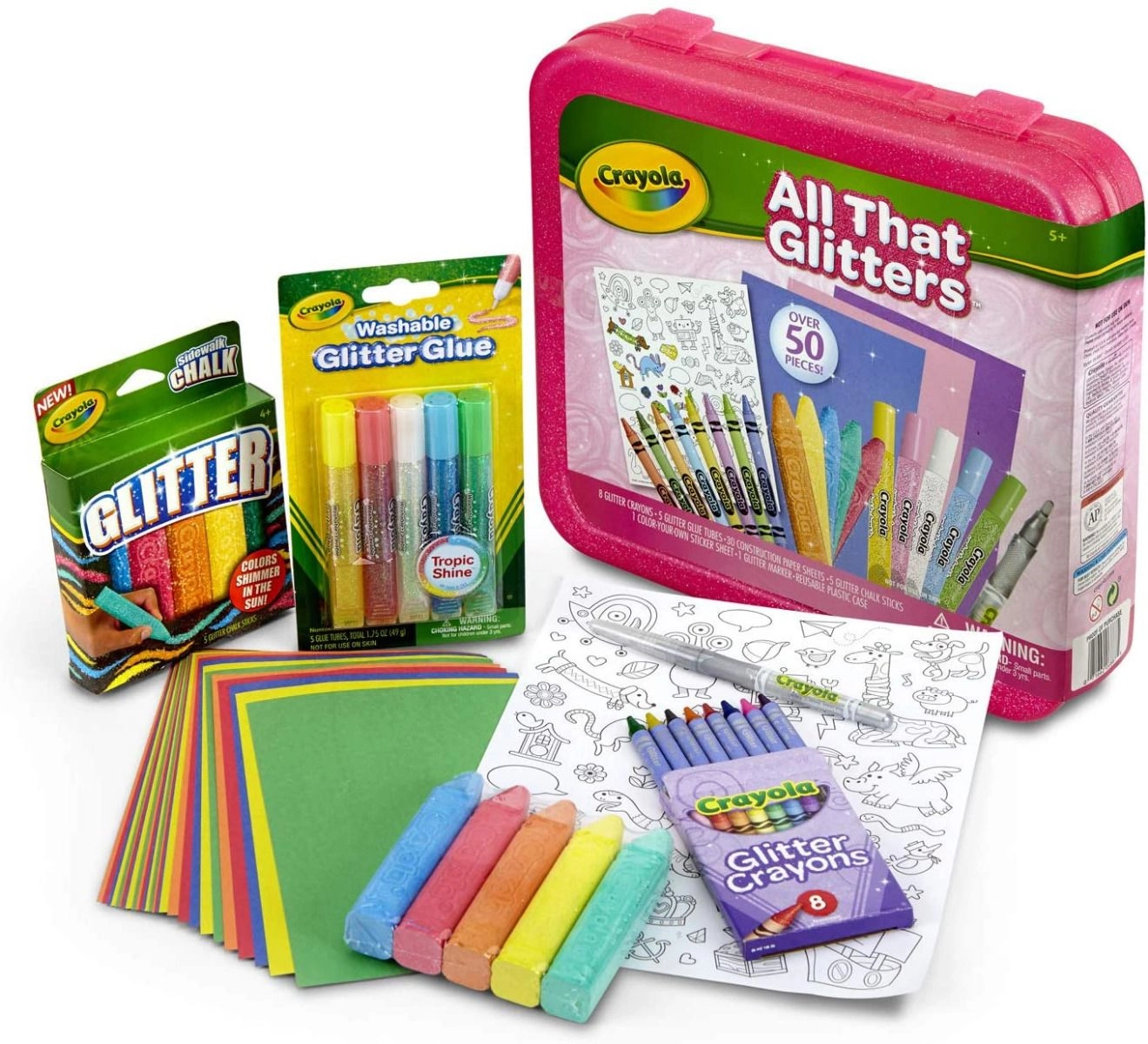 Crayola All That Glitters Art Case - 8 Glitter Crayons 5 Glitter Glue Tubes 5 Glitter Chalk Sticks 1 Glitter Marker 1 Color-Your-Own Sticker Sheet 30 Sheets of Construction Paper