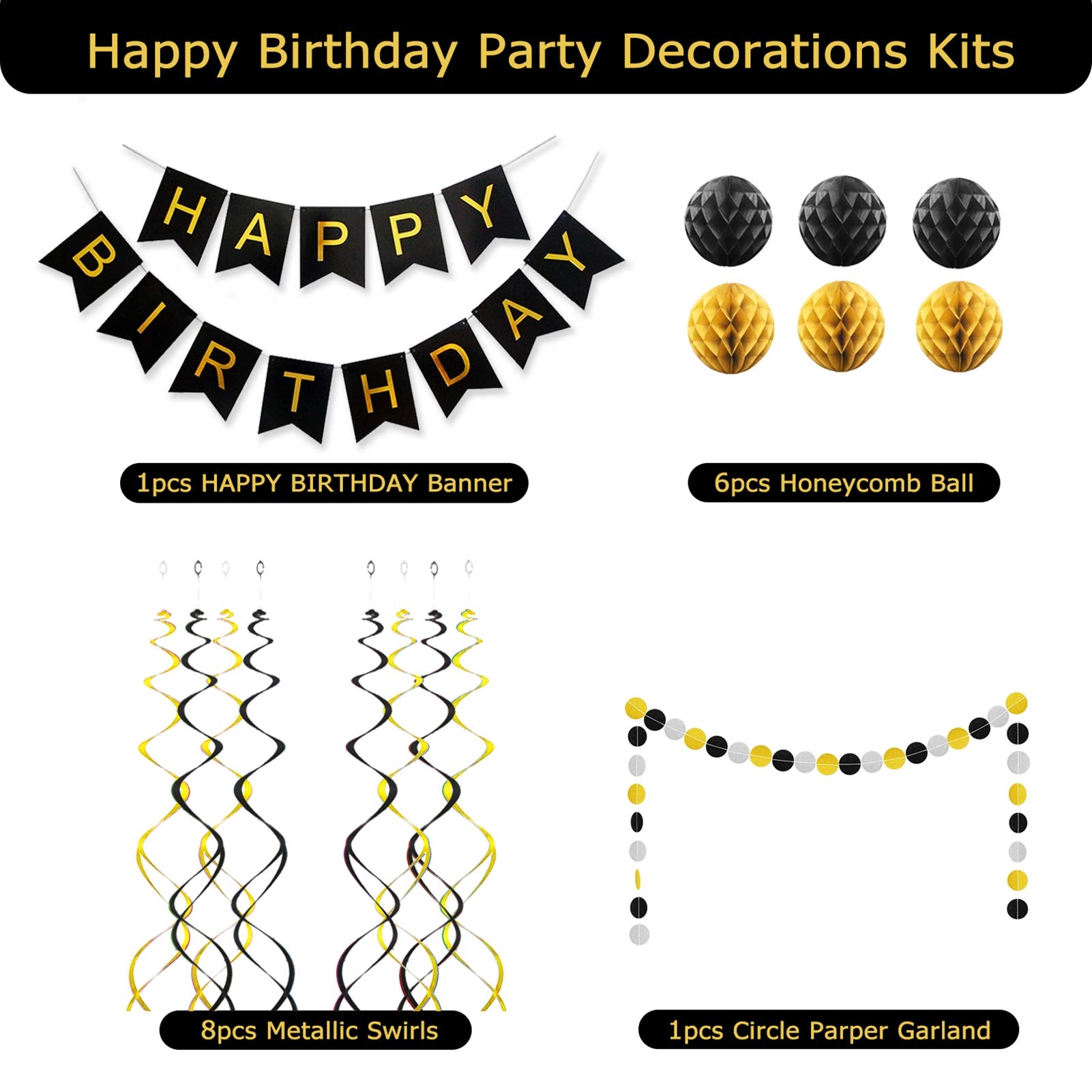 happy birthday banner + paper honeycomb balls + colorful circle paper garland + metallic hanging swirls