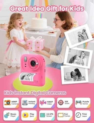 Kids Print Camera - Instant Printing 1080P Videos Red Bundle