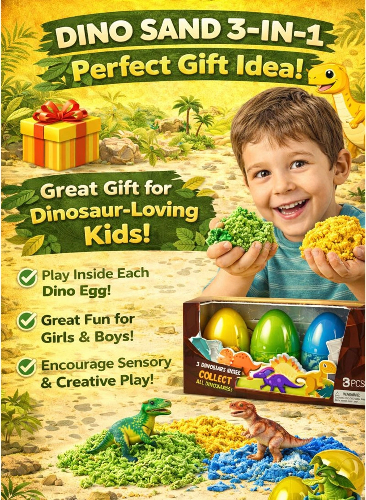 3-in-1 Dino Sand Game Moving Sand - 3 Dinosaur Egg Pots 178-180g