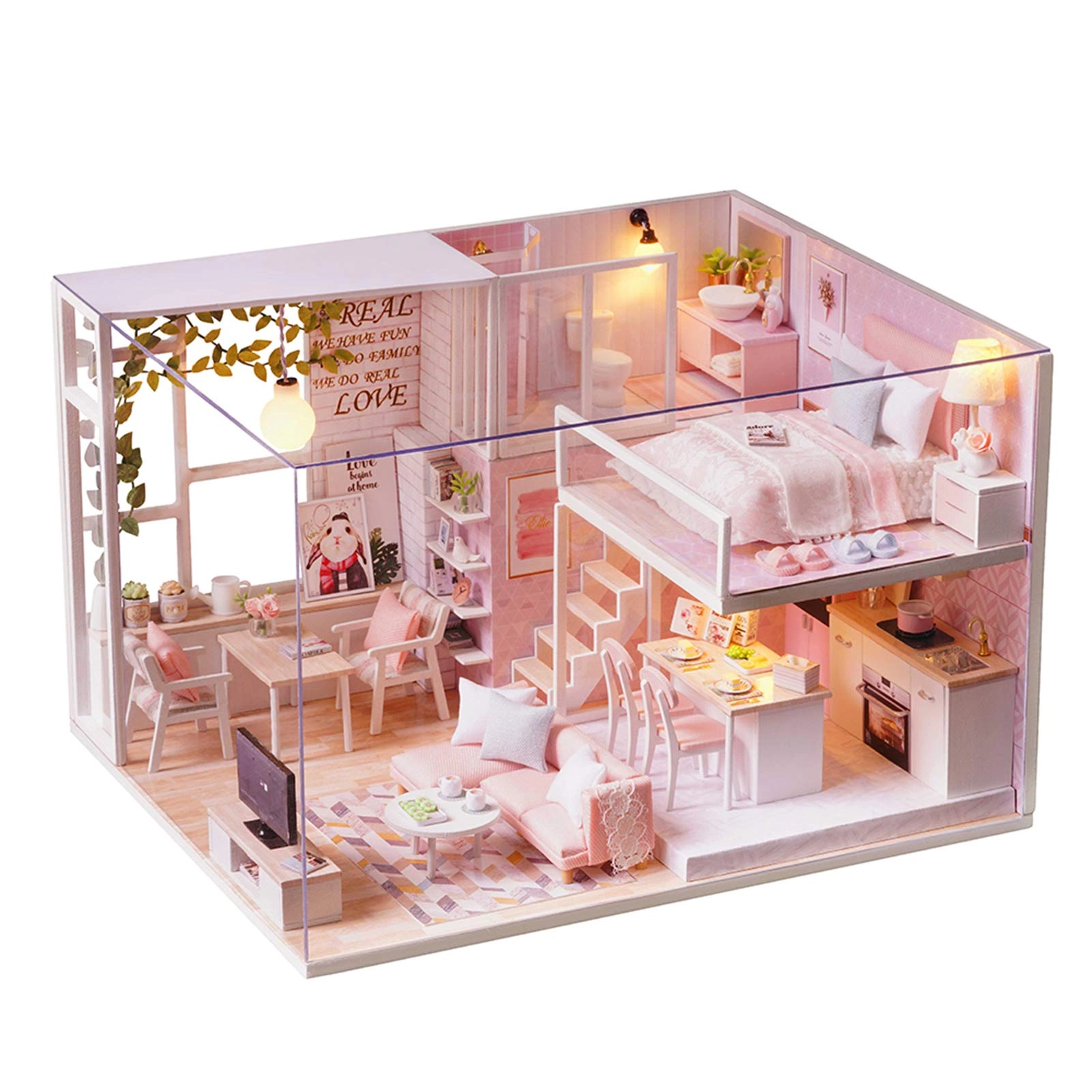 douself Miniature Loft Dollhouse Kit - 3D Pink Wooden