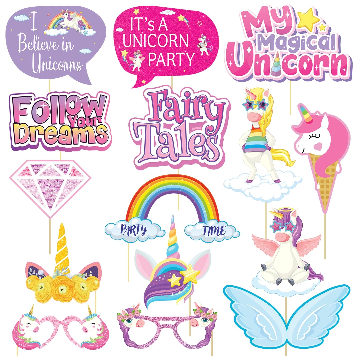 Unicorn Theme Photo Booth Props - 15 Count Birthday