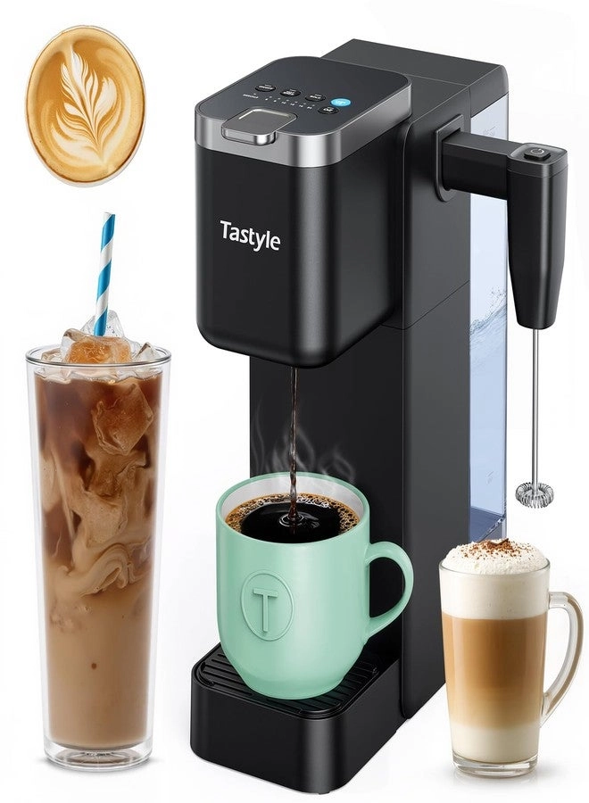 Tastyle Single Serve Coffee Maker - Built-in Detachable Milk Frother 40oz Removable Water Reservoir Pods & Grounds
