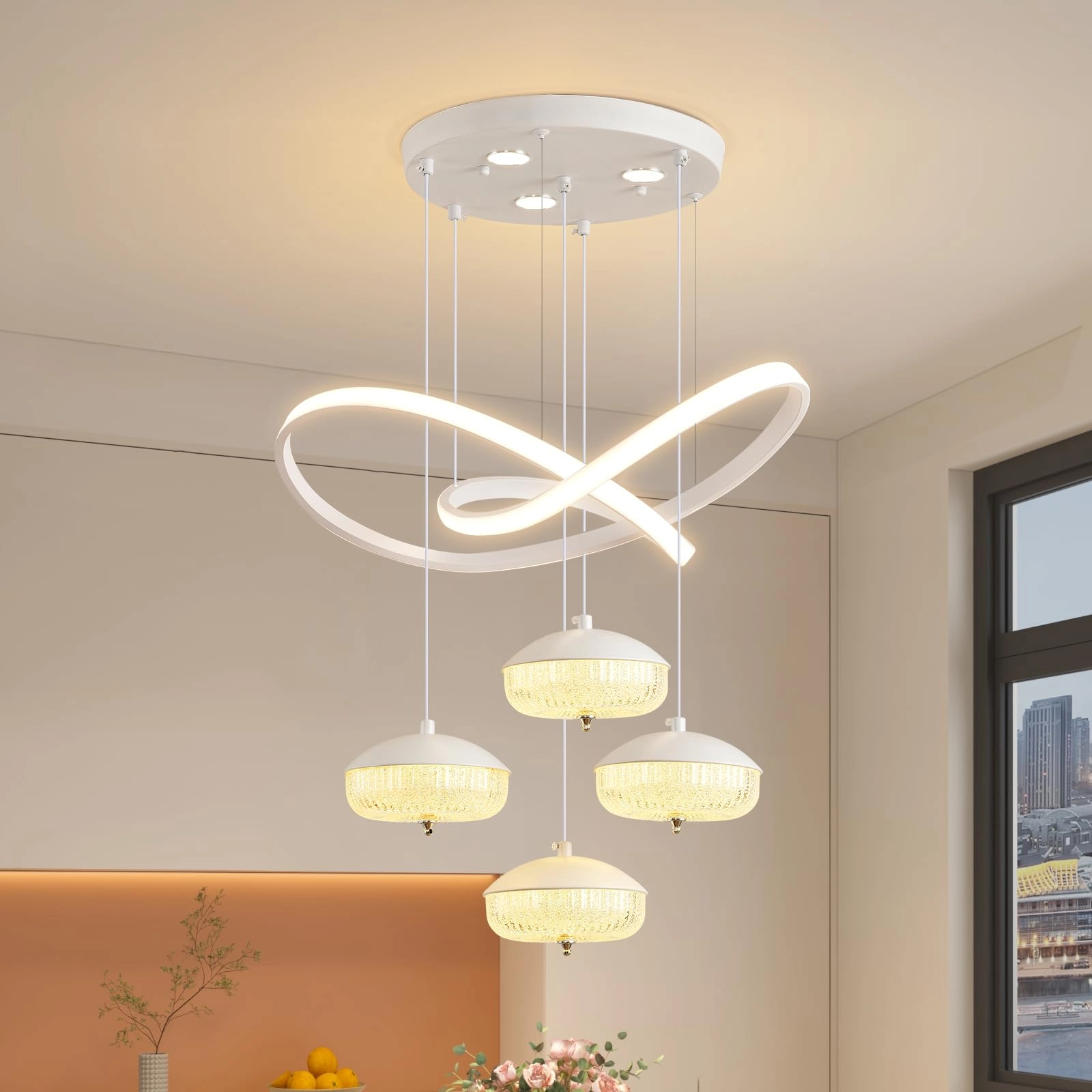 HUA QIANG WANG 4-Light LED Pendant Light - 3-Color Adjustable Height