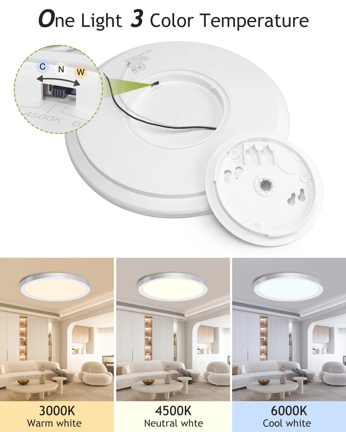 Flush Mount LED Ceiling Light - 3000K 4500K 6000K Dimmable