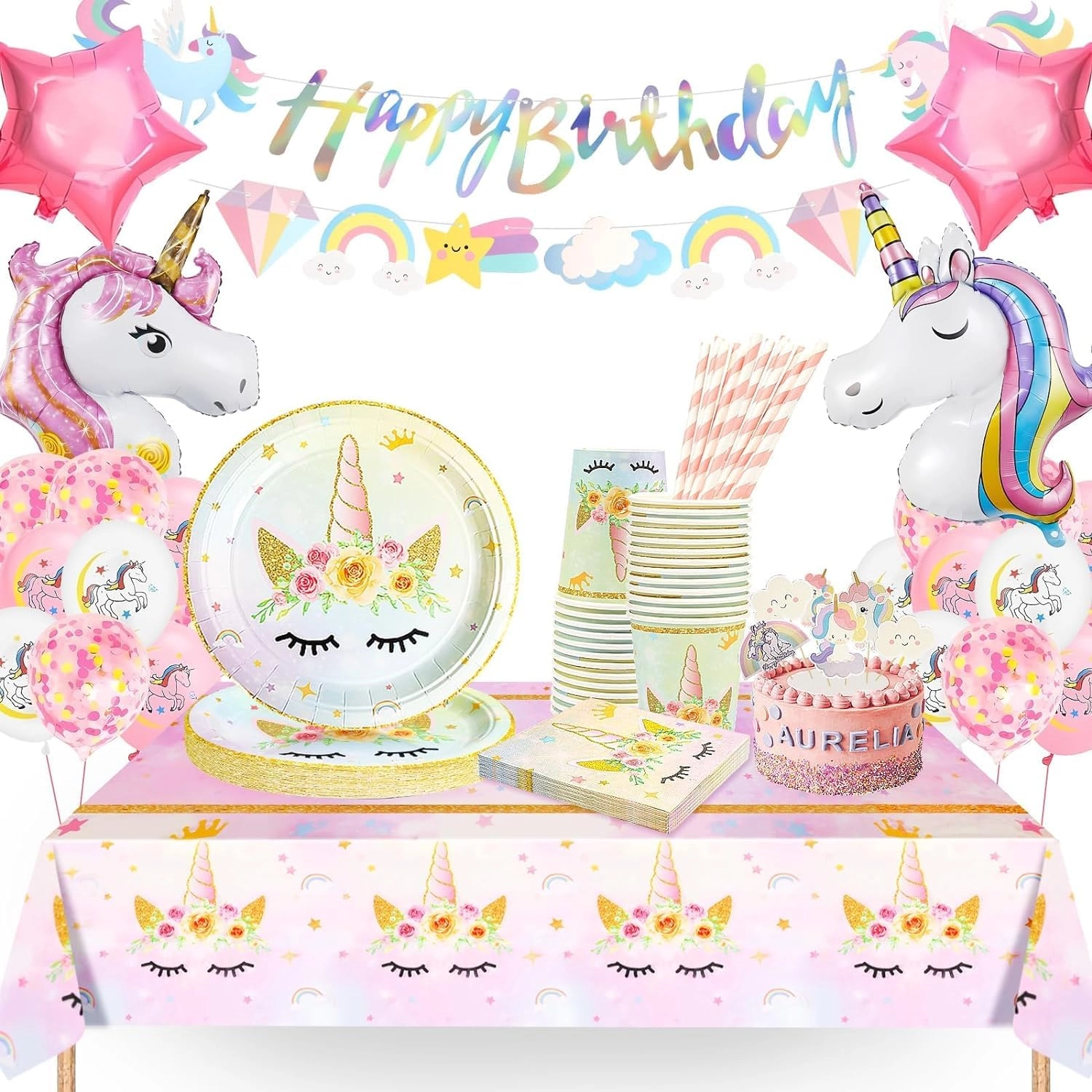 yosiio Unicorn Party Tableware Set - 16 Guests Birthday