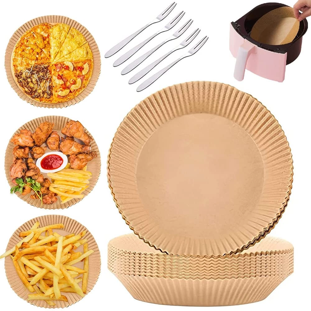 通用 Air Fryer Paper Pad - Silicone, Wood Pulp 50PCS + Stainless Steel Forks - 5