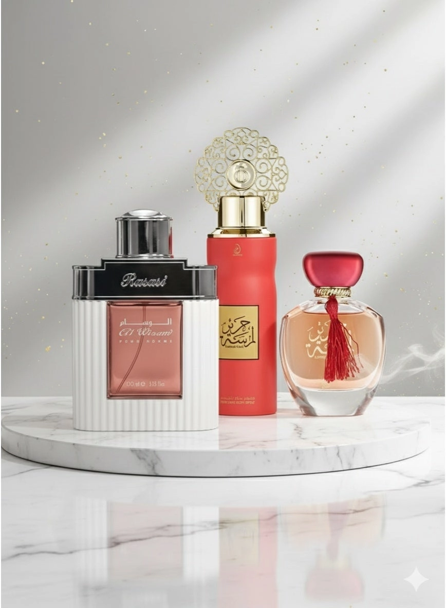 Rasasi Al Wisam Day Eau de Parfum - 100ml + Lamsat Harir Eau de Parfum - 100ml Perfumed Body Spray 200ml
