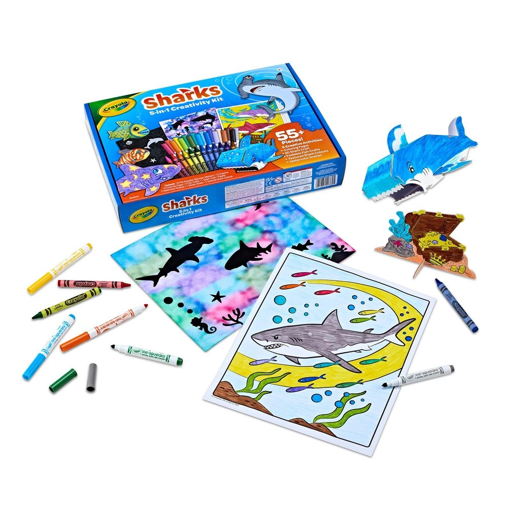 Sharks 5-in-1 Creativity Kit - 12 Crayons 18 Pip-Squeaks Skinnies