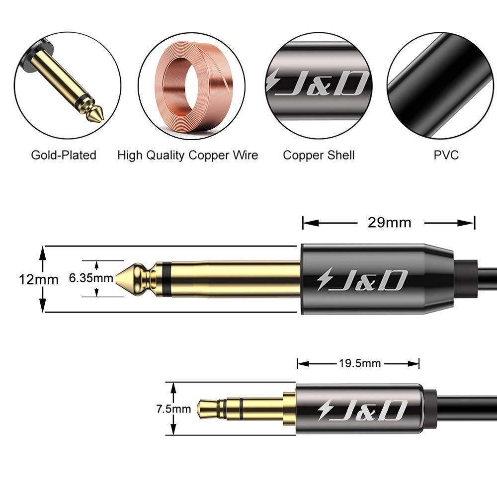 6.35mm (1/4 inch) TS to 3.5mm (1/8 inch) TRS Cable - 10 Feet