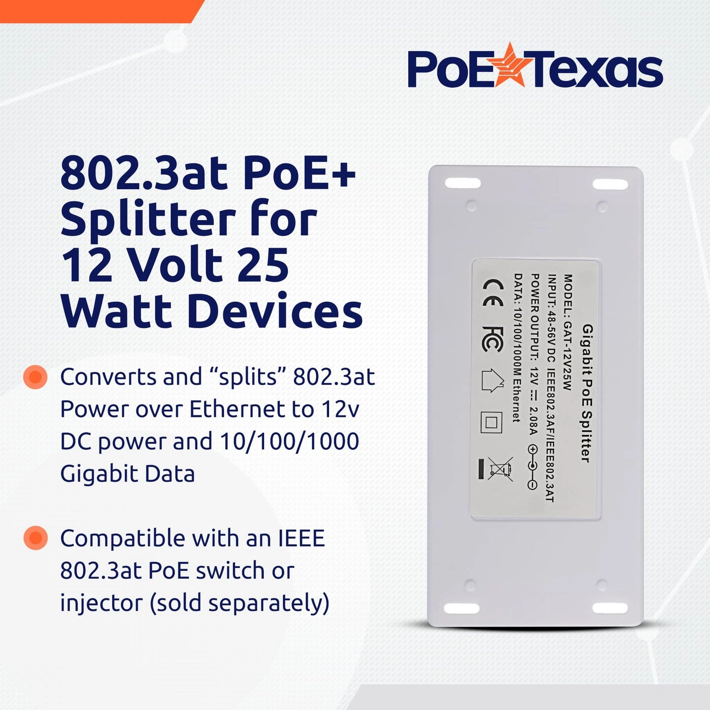 Splitter - 12 Volt 25w IEEE 802.3at Gigabit