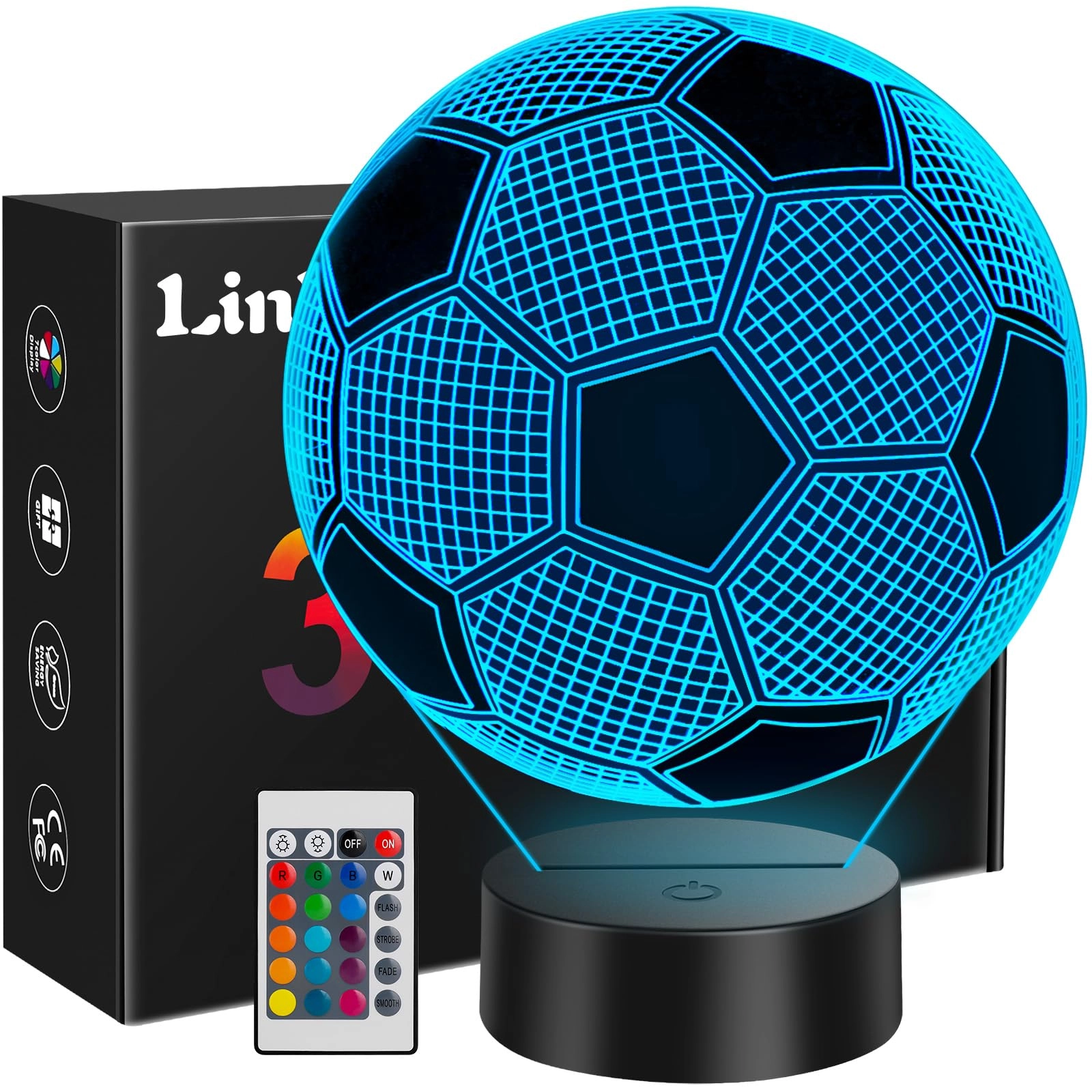 3D Illusion Football Night Light - USB Battery 16 Colors