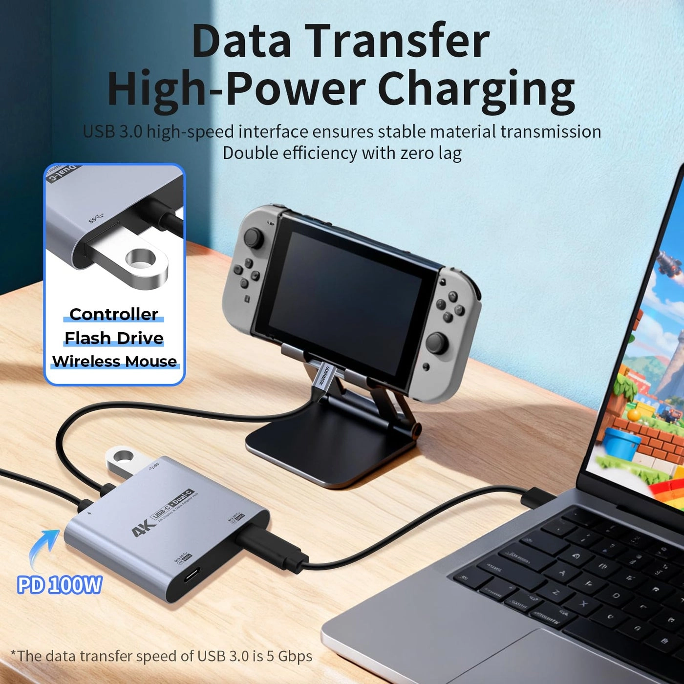 4-in-1 Dual USB-C Display Hub - 4K@60Hz 100W PD USB 3.0 5Gbps