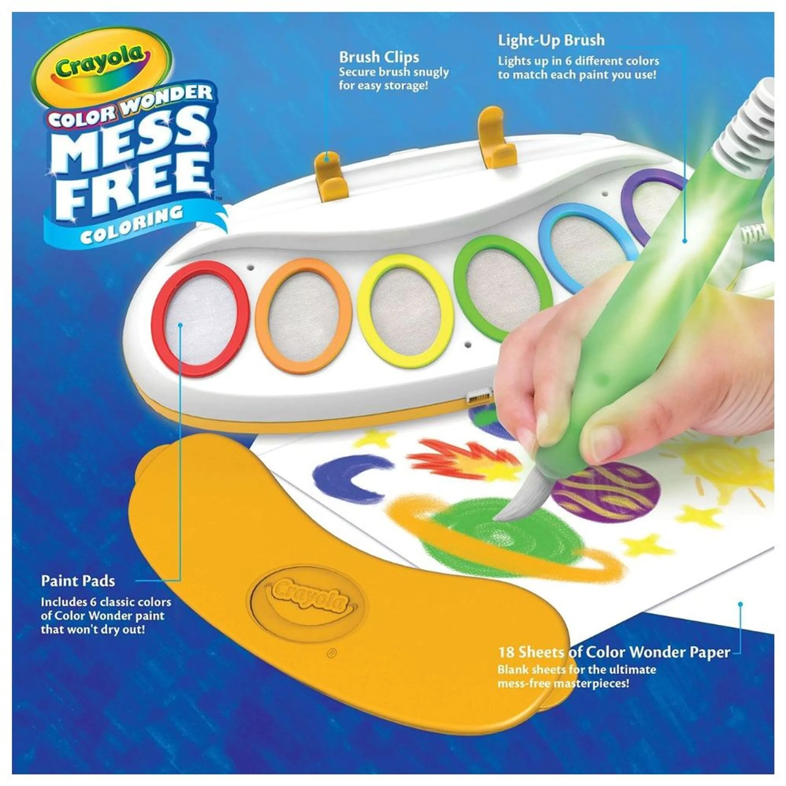 Color Wonder Magic Light Brush Kit - 1 Magic Light Brush 6 washable Color Wonder Paints 18 Color Wonder Sheets