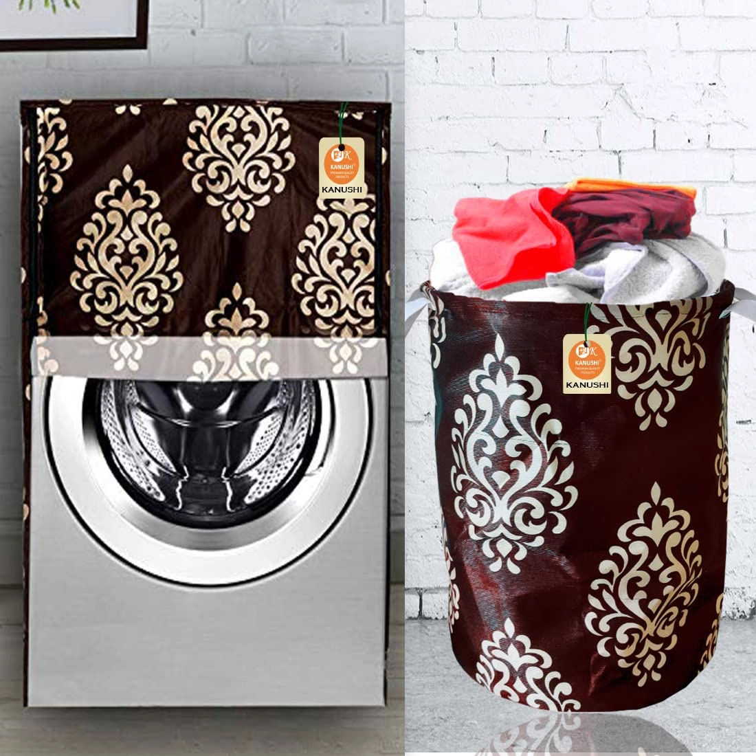 KANUSHI Industries Washing Machine Cover - Washable Dustproof 23 X 23 X 33 inches + Designer Laundry Bag - Brown Floral