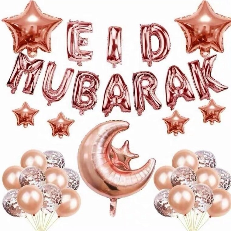 ESSEN EID MUBARAK balloons banner + Moon Star Foil Balloon + Confetti Balloons + Latex balloons + foil star balloons - 37 pcs Eid Mubarak