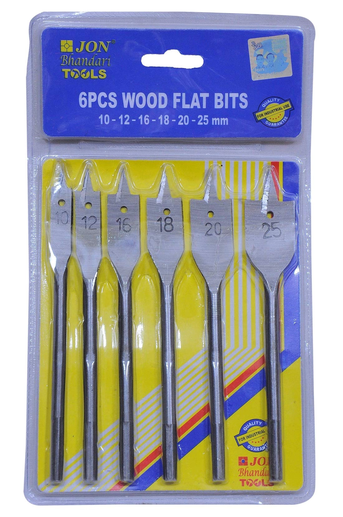 Jon Bhandari Tools Flat Spade Drill Bit Set - Hardened Steel 6-Piece 10mm 12mm 16mm 18mm 20mm 25mm