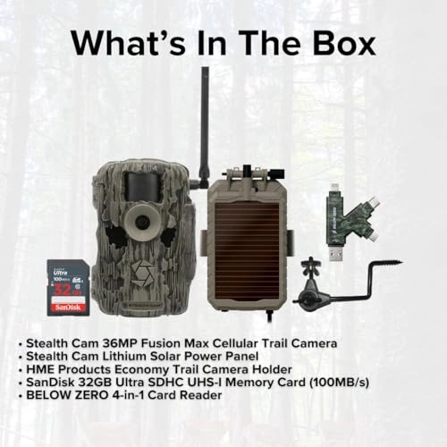 Fusion Max - 36MP Cellular + Lithium Solar Power Panel - 12V + Economy Trail Camera Holder + 32GB Ultra SDHC UHS-I Memory Card + Hi-Speed SD USB 2.0 Card Reader