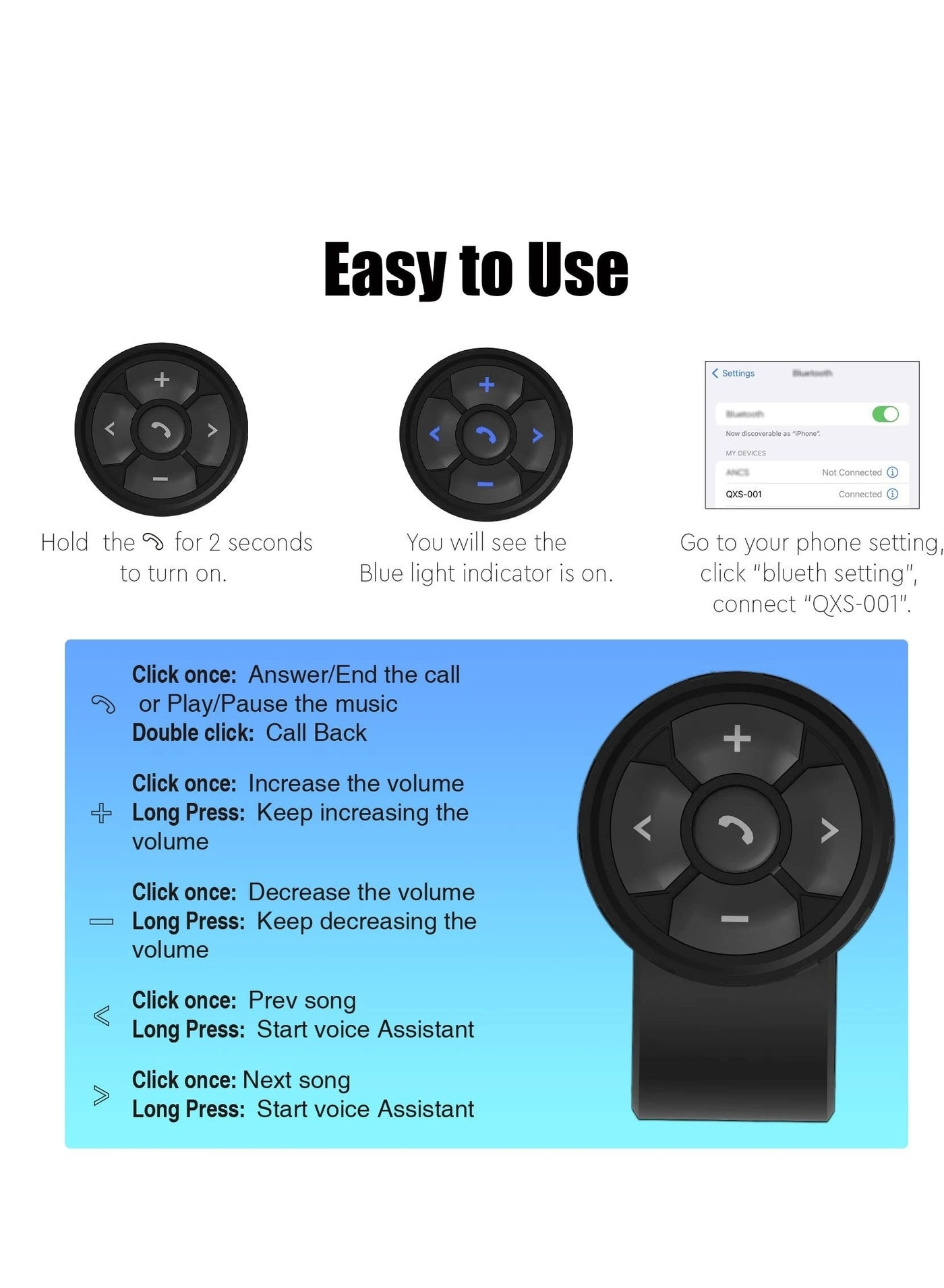 Media Button Steering Wheel Remote Control - iPhone Samsung Galaxy Android