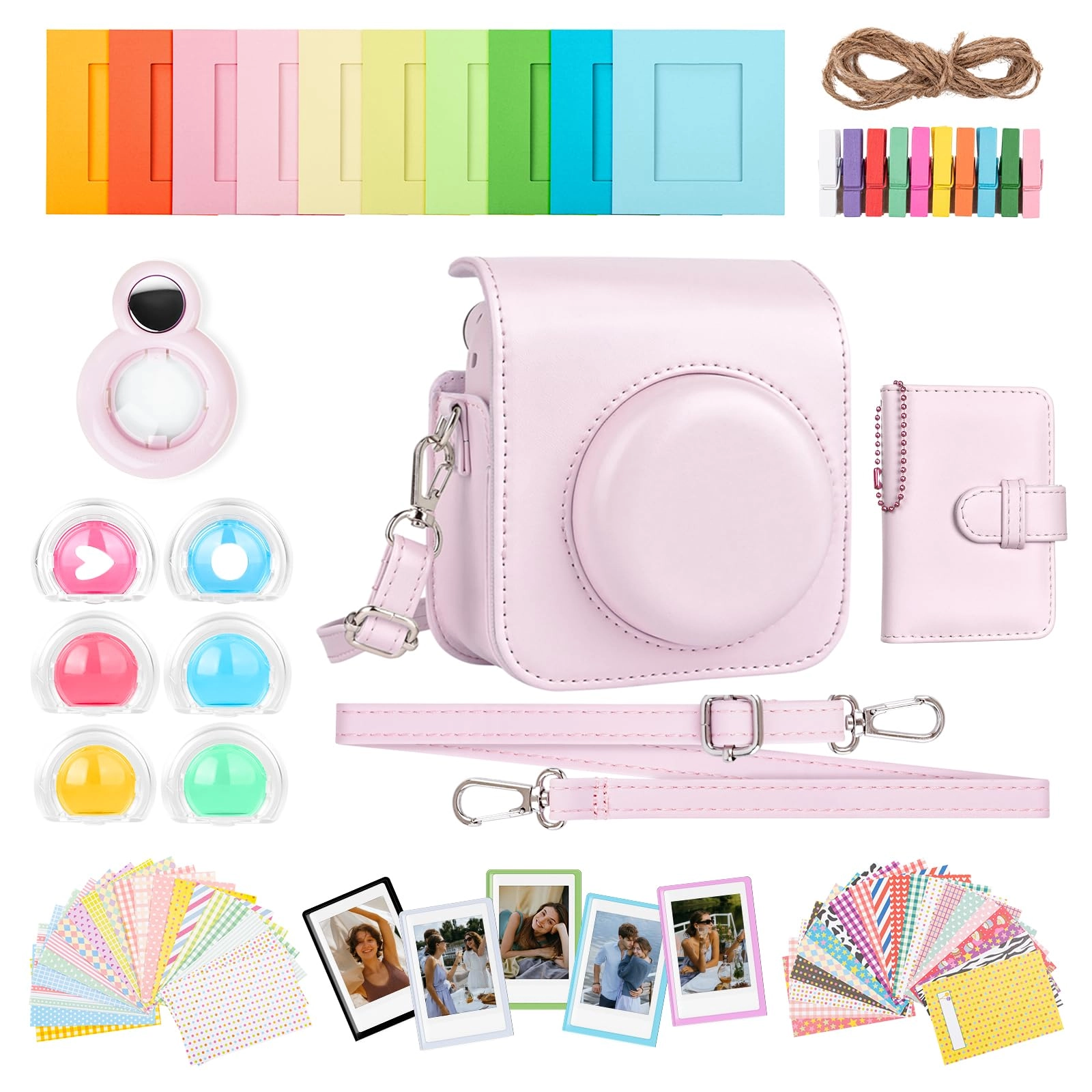 HIYQIN Camera Case - Mini 12 + Lens Filter - Mini 12 + Selfie Mirror + Mini Photo Album + Fridge Magnet Frame + Hanging Frame + Border Stickers