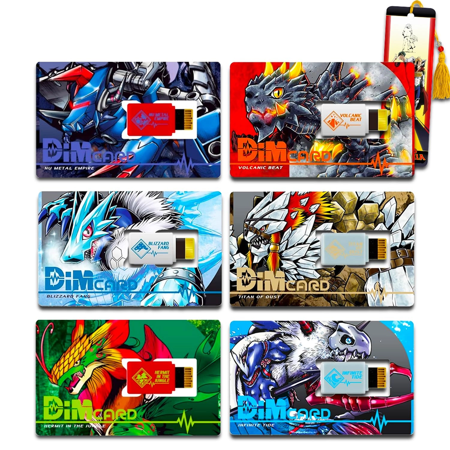 Digimon Hermit in the Jungle + Nu Metal Empire + Volcanic Beat + Blizzard Fang + Infinite Tide + Titan of Dust + My Hero Academia bookmark - 6 pcs