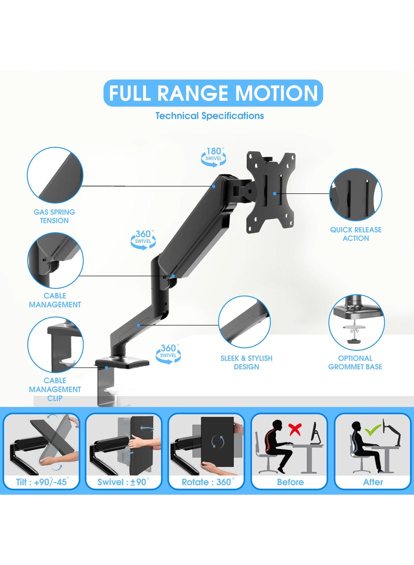 Monitor Mount Arm - Single 20 to 32 inches 75x75mm and 100x100mm