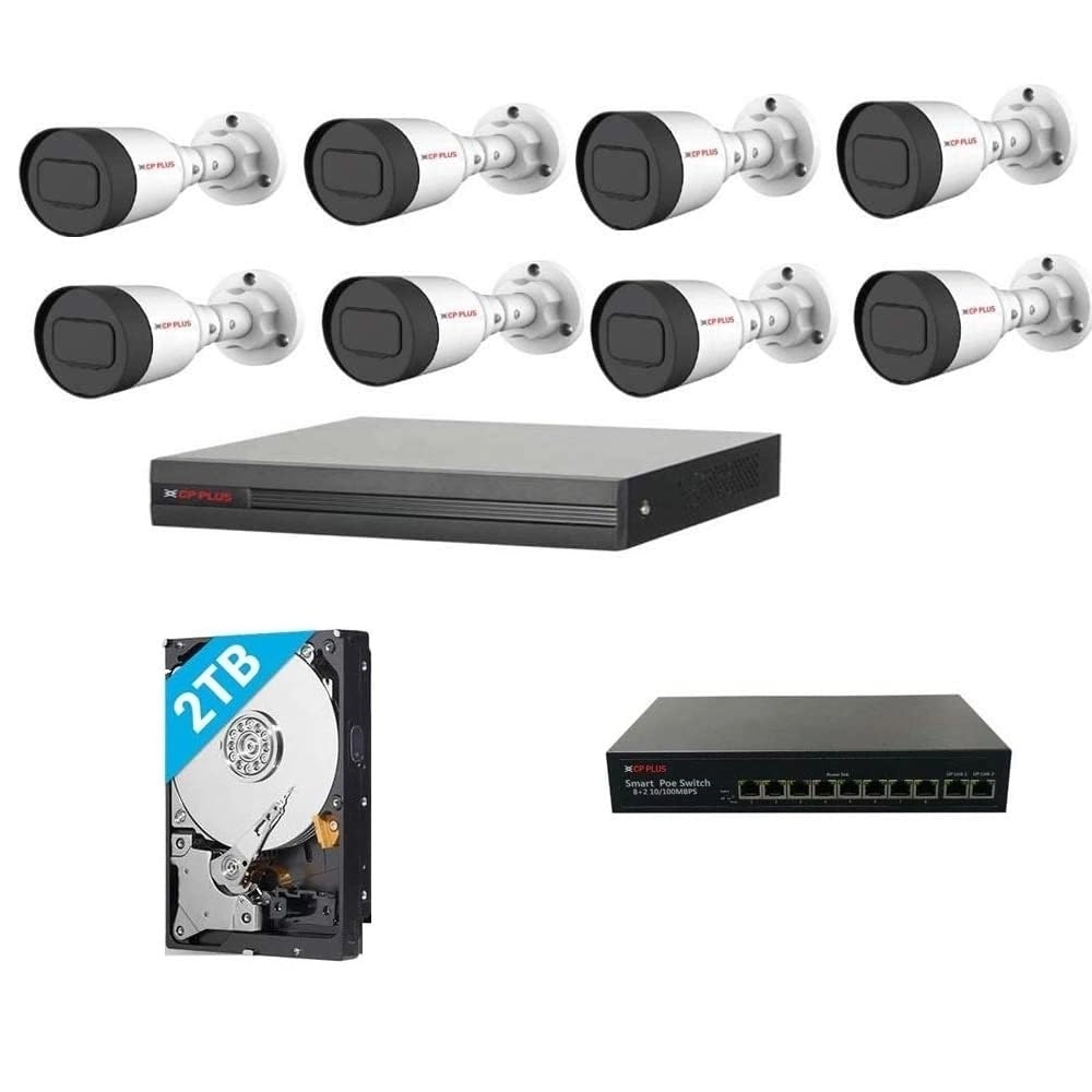 CP Plus 8 CH NVR + 4 MP IP Bullete Camera + 2 TB Surveillance Hard Drive + 82 Port 10100 MBPs POE Switch