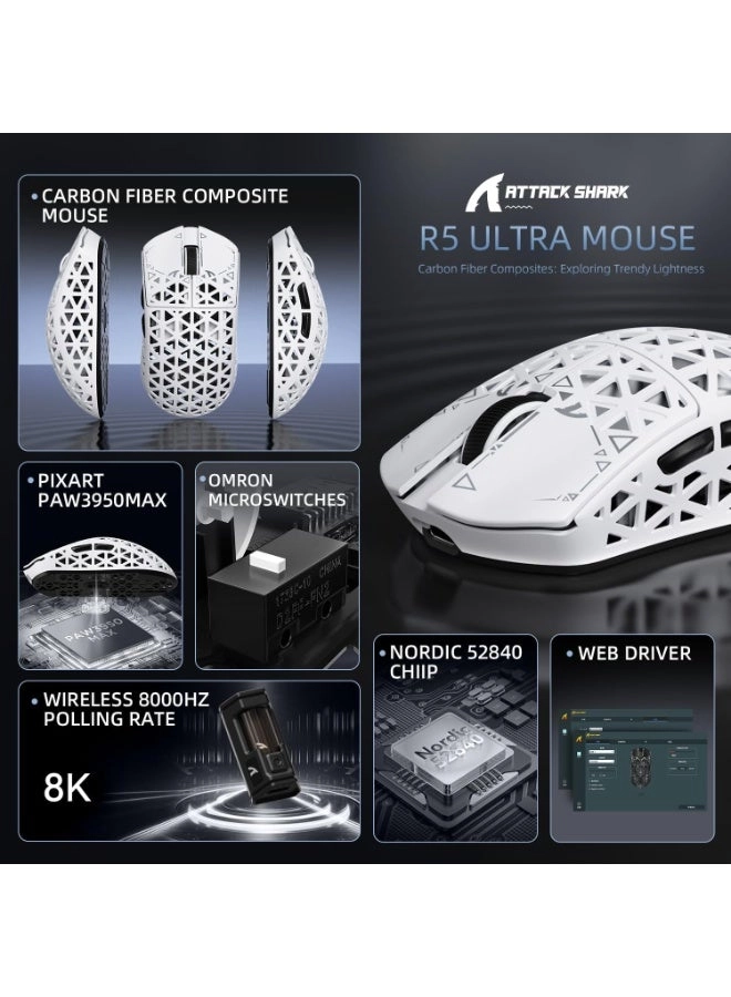 R5Ultra 8K Carbon Fiber Gaming Mouse - 2.4G Wireless Bluetooth USB