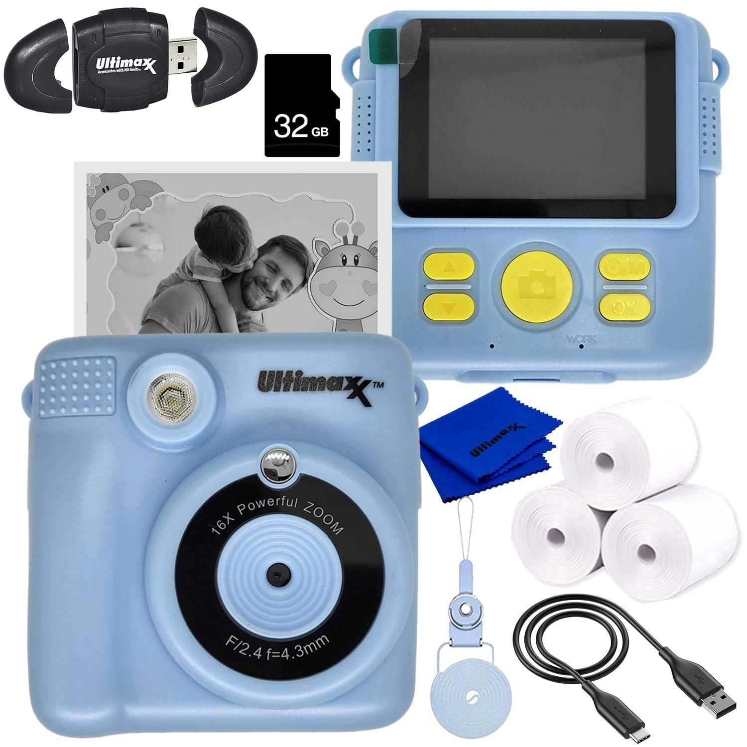 Ultimaxx Essential Instant Print Camera - 4 Games Blue Bundle