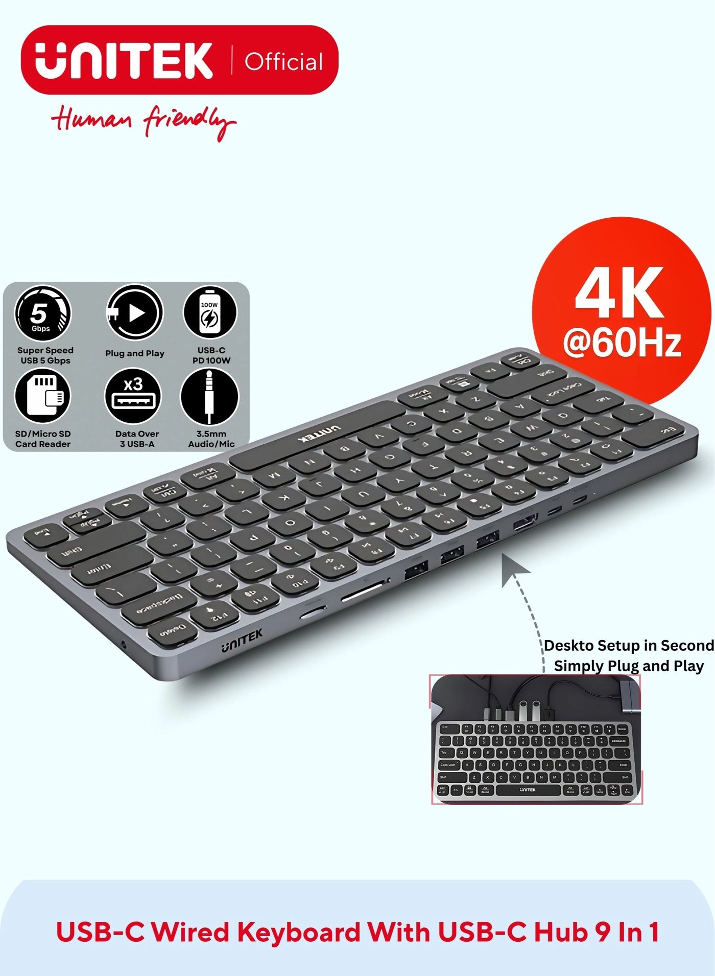UNITEK 9-in-1 USB-C Hub with Keyboard - USB Type C