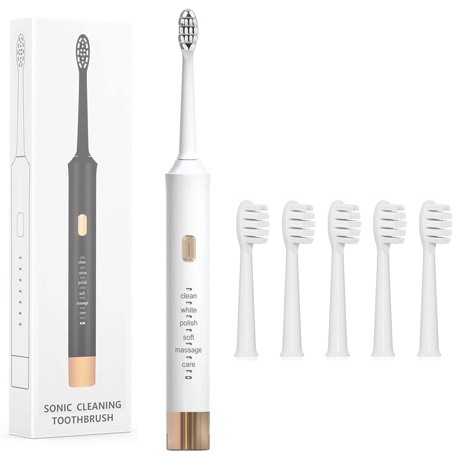 X spring Sonic Electric Toothbrush - 5 Brush Heads 6 Cleaning Modes Rechargeable